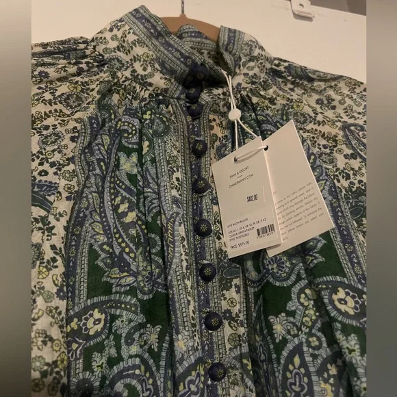 ZIMMERMANN OTTIE LINEN BILLOW BLOUSE GREEN PAISLEY - Picture 8 of 14